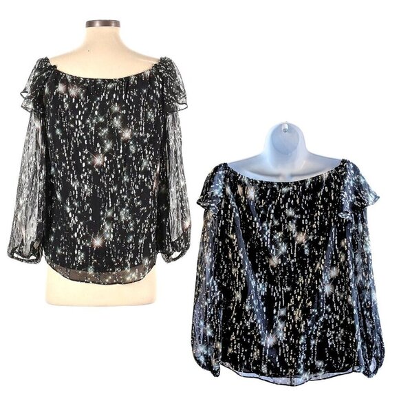 NICOLE MILLER ATELIER Black Lurex Twinkling Summer Nights Peasant Blouse Sz S - Picture 7 of 7